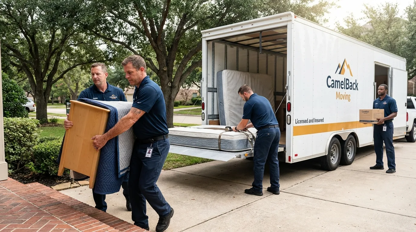 Crew loading residential truck for cross-state move from Bunkie, LA