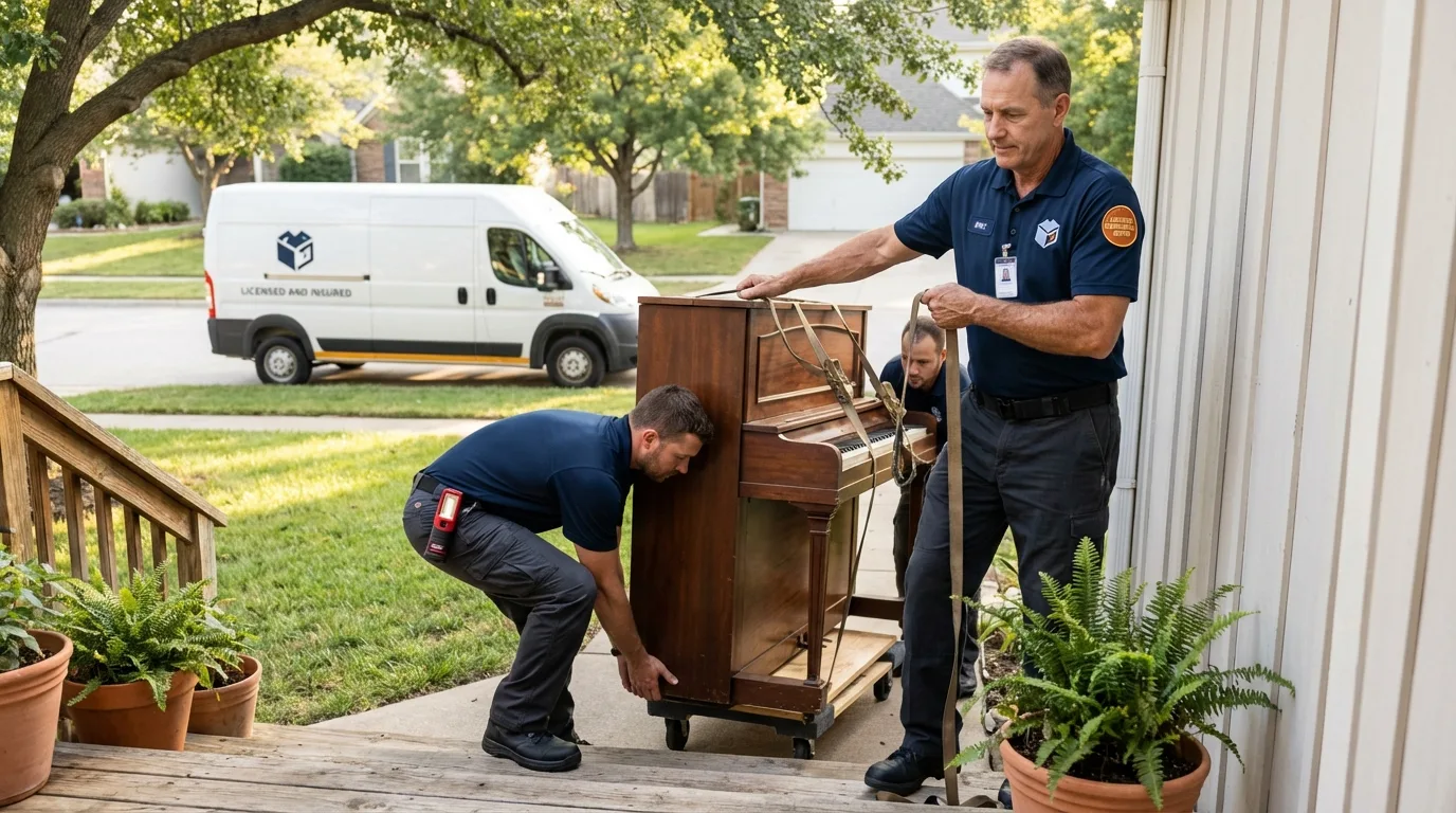 Licensed piano movers securing grand piano in Bunkie, LA