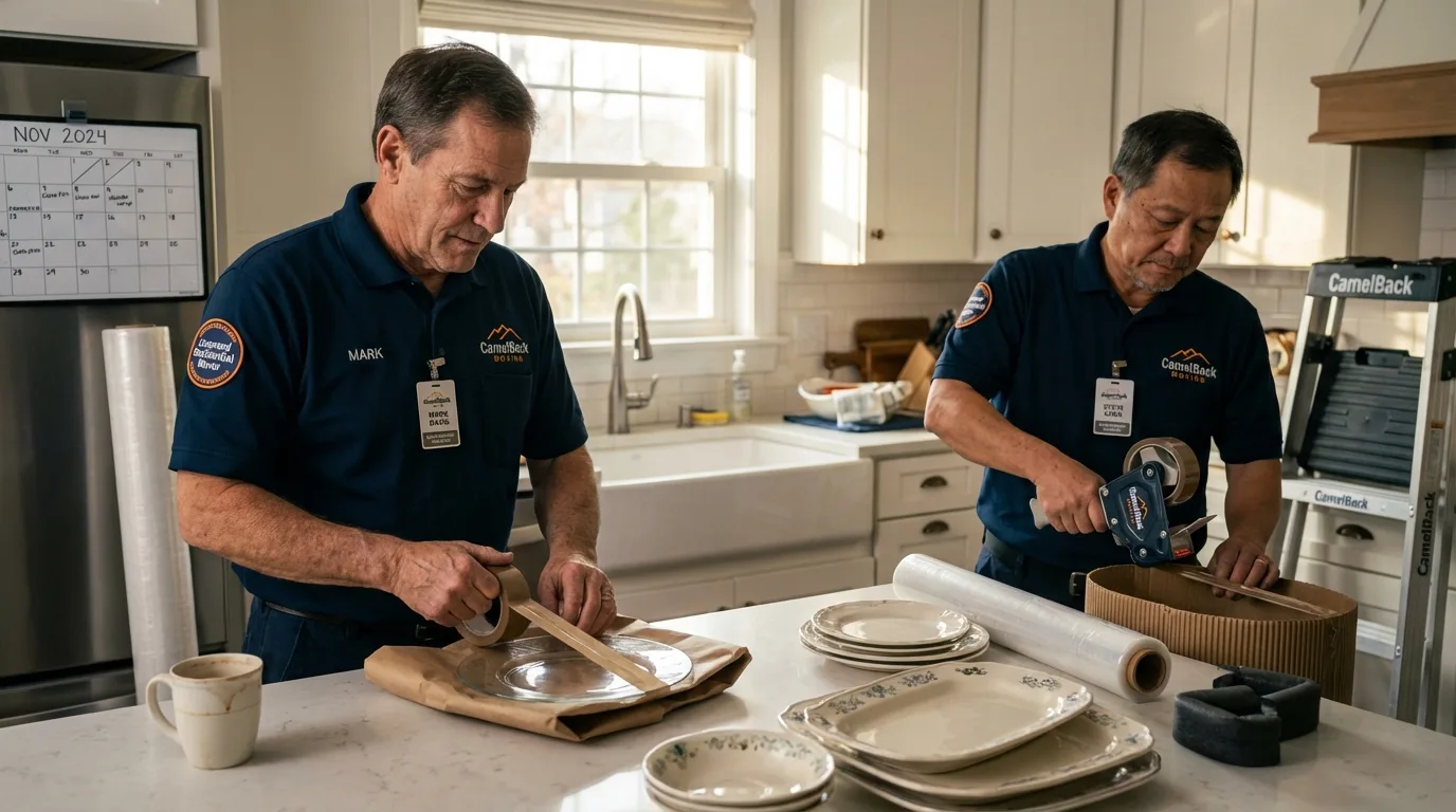 Professional crew packing kitchen dishware in Bunkie, LA